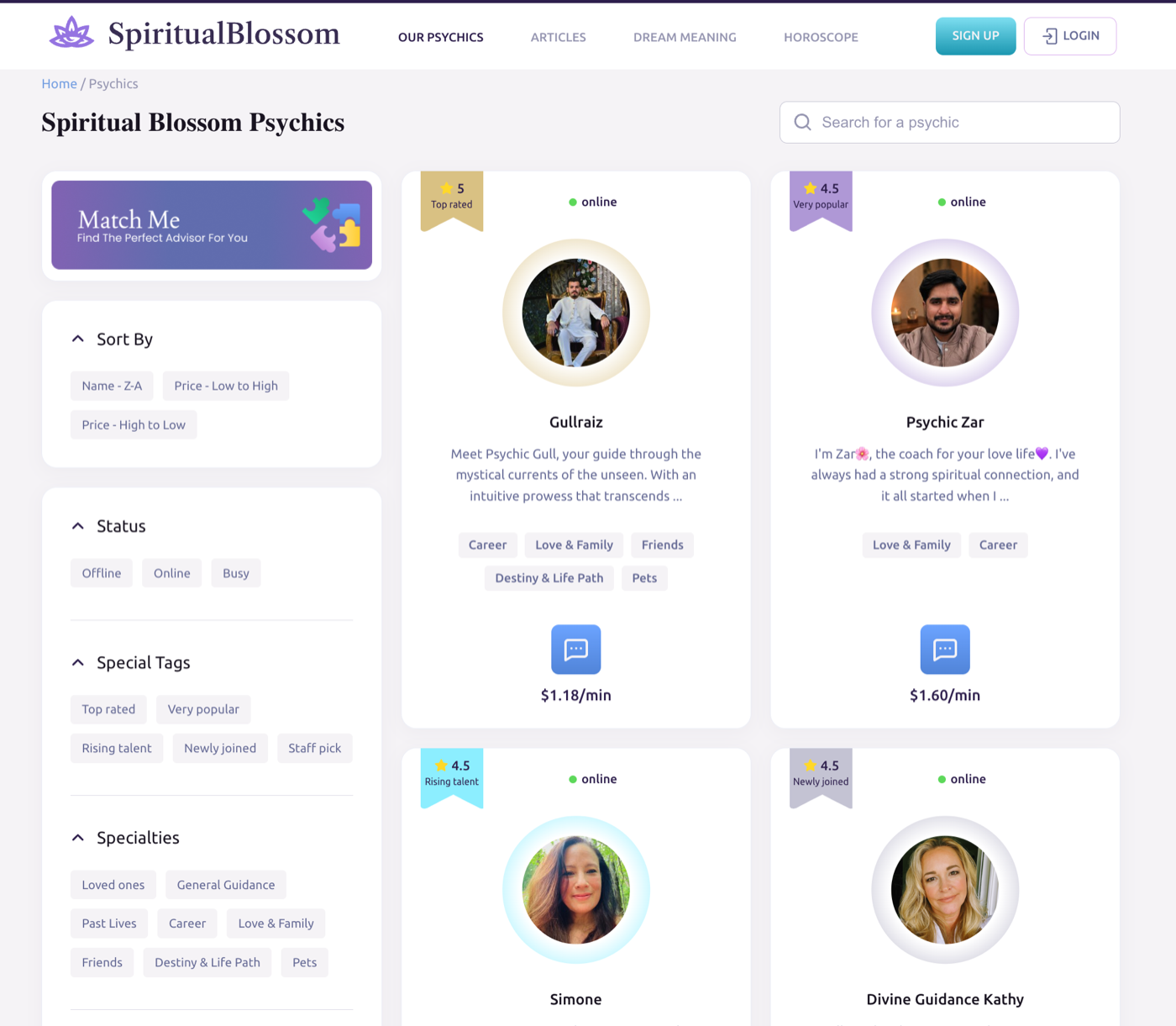 Spiritual Blossom advisor selection screen